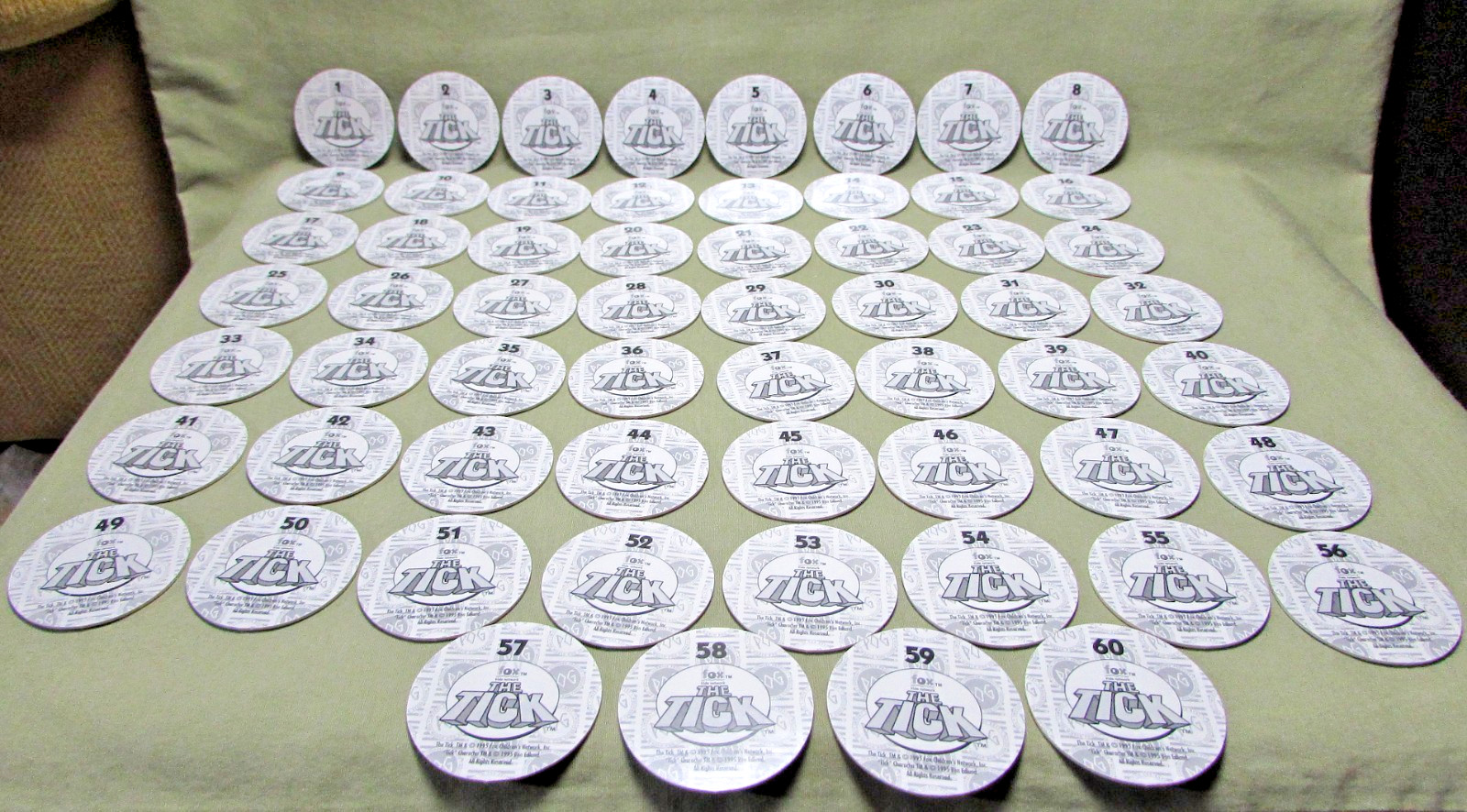 1995 THE TICK POG MILKCAP COMPLETE SET of 60 Fox Children&rsquo;s Network Ben Edlund