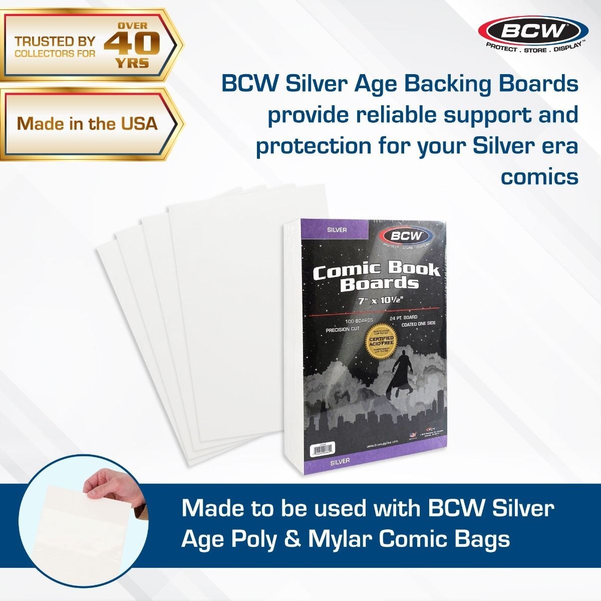 100 Pack – BCW Silver Age Comic Book Backer Boards Acid Free 24PT 7&Prime; X 10 1/2&Prime;