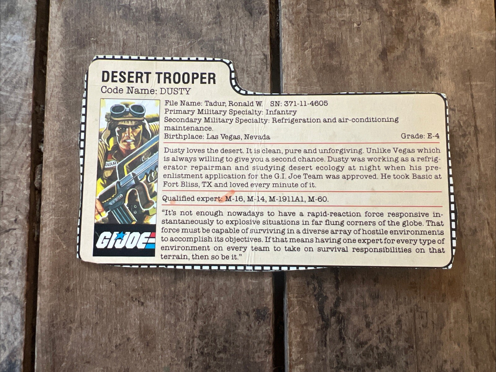 1985 Hasbro GI JOE – DUSTY : Desert Trooper – File Card – ARAH