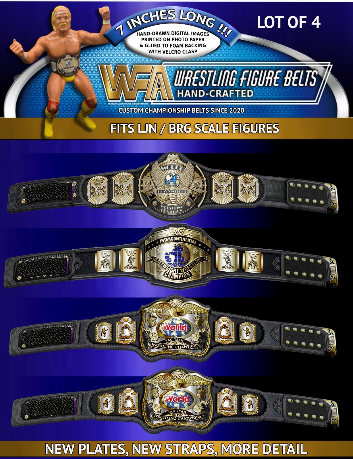 WWF Ljn / BRG Scal Lot Of 4 Custom Hand Made Wrestling Figure Belts 26 DESIGN