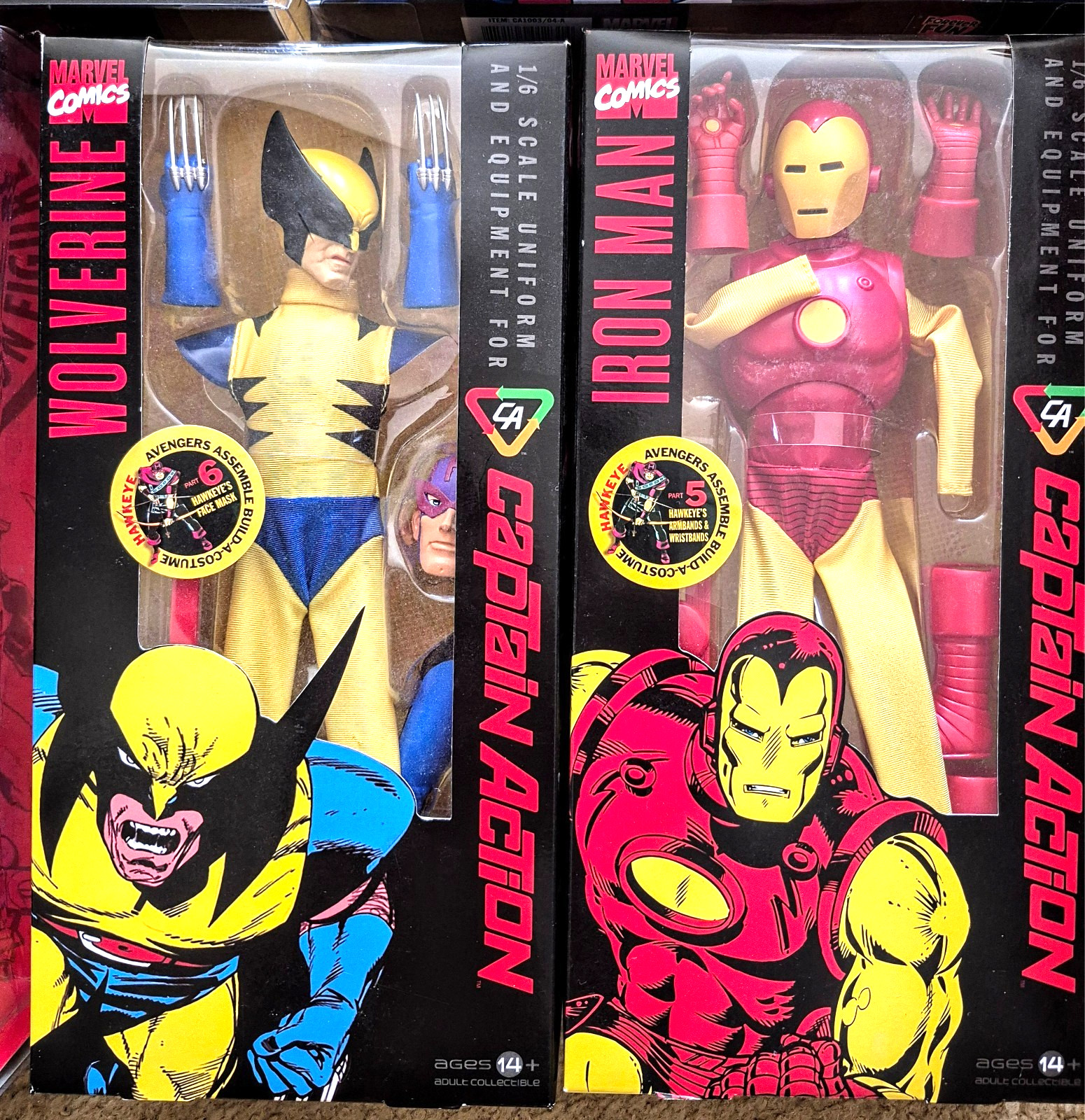 CAPTAIN ACTION ROUND 2 FIGURES AND SIX MARVEL COSTUMES MINT IRON MAN HAWKEYE