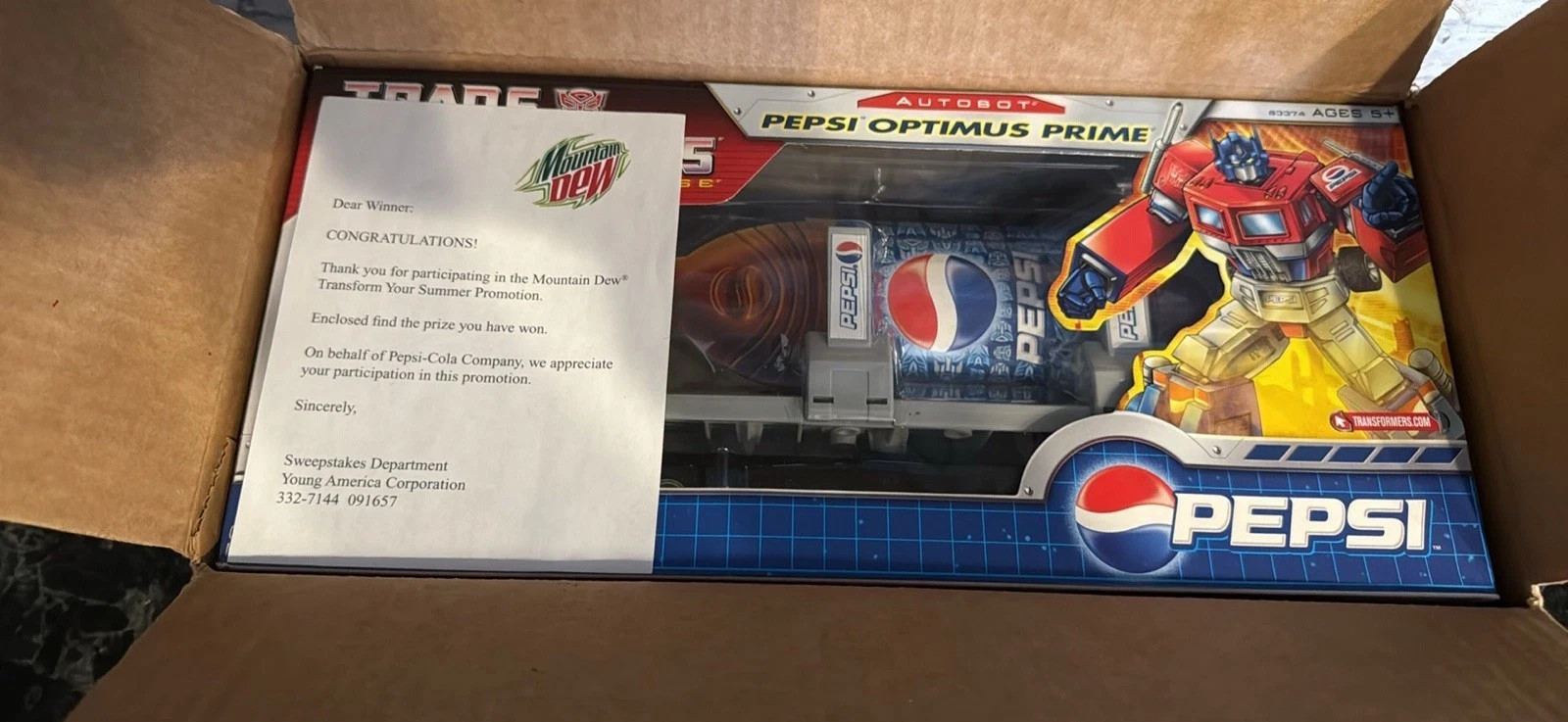 TRANSFORMERS Optimus Prime 2007 Pepsi Promotional Winner w/ Certificate & Box