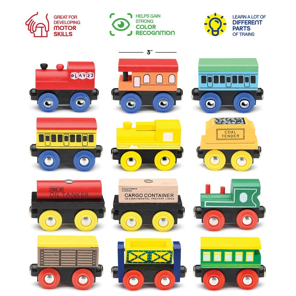 Wooden Train Set 12 Pcs Magnetic Includes 3 Engines-Toy Train Sets for Kids