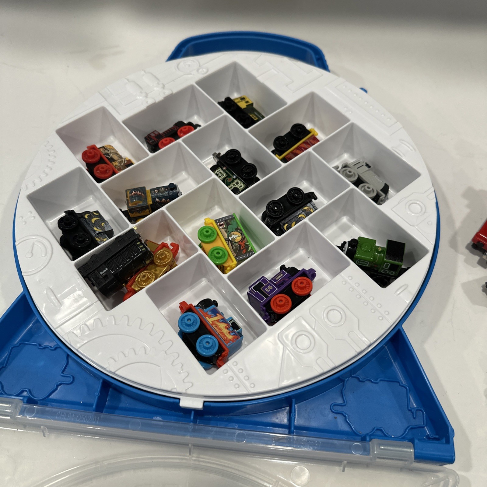 Thomas Miniature Train Set Blue Circular Storage Case With Trains And Extra