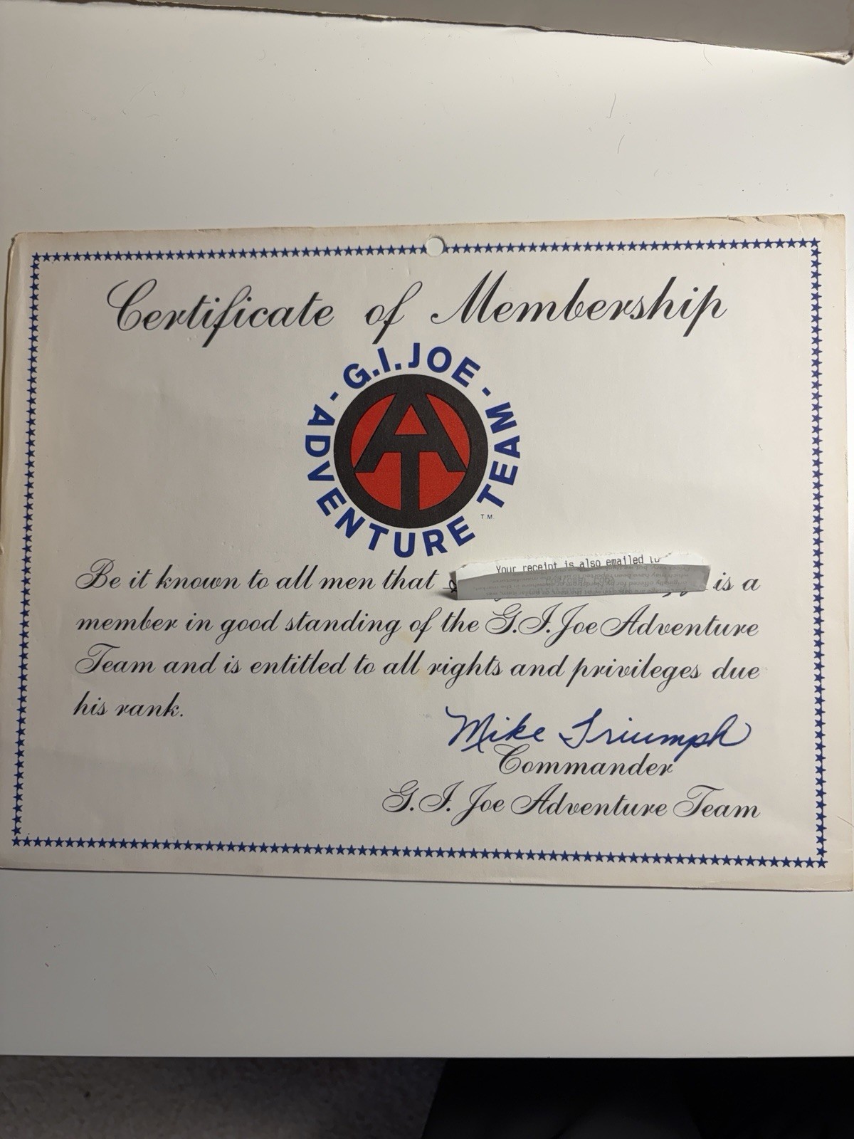 Original vintage 1970s Hasbro GI Joe Adventure Team “Certificate of Membership.”