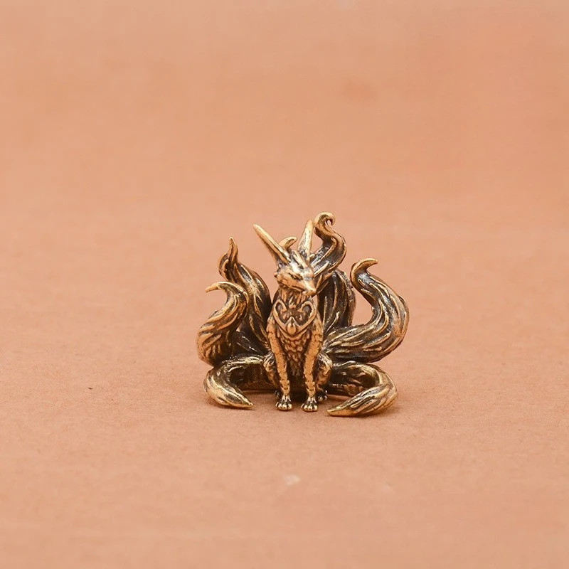 Brass Nine Tailed Fox Statue Mini Copper Animal Figurine Desk Home Decor