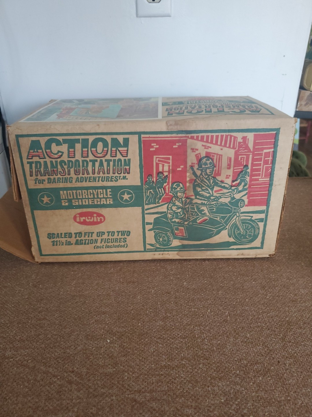 IRWIN ACTION TRANSPORTATION GREEN MOTORCYCLE AND SIDECAR ORIGINAL BOX ONLY