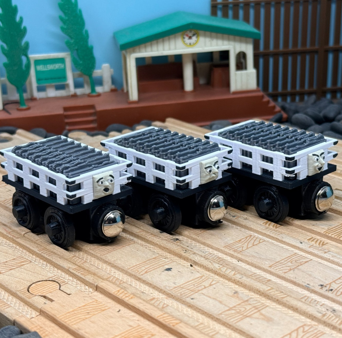 Wooden Railway 3 Small Narrow Gauge Slate Trains 3D Faces Custom Thomas Train