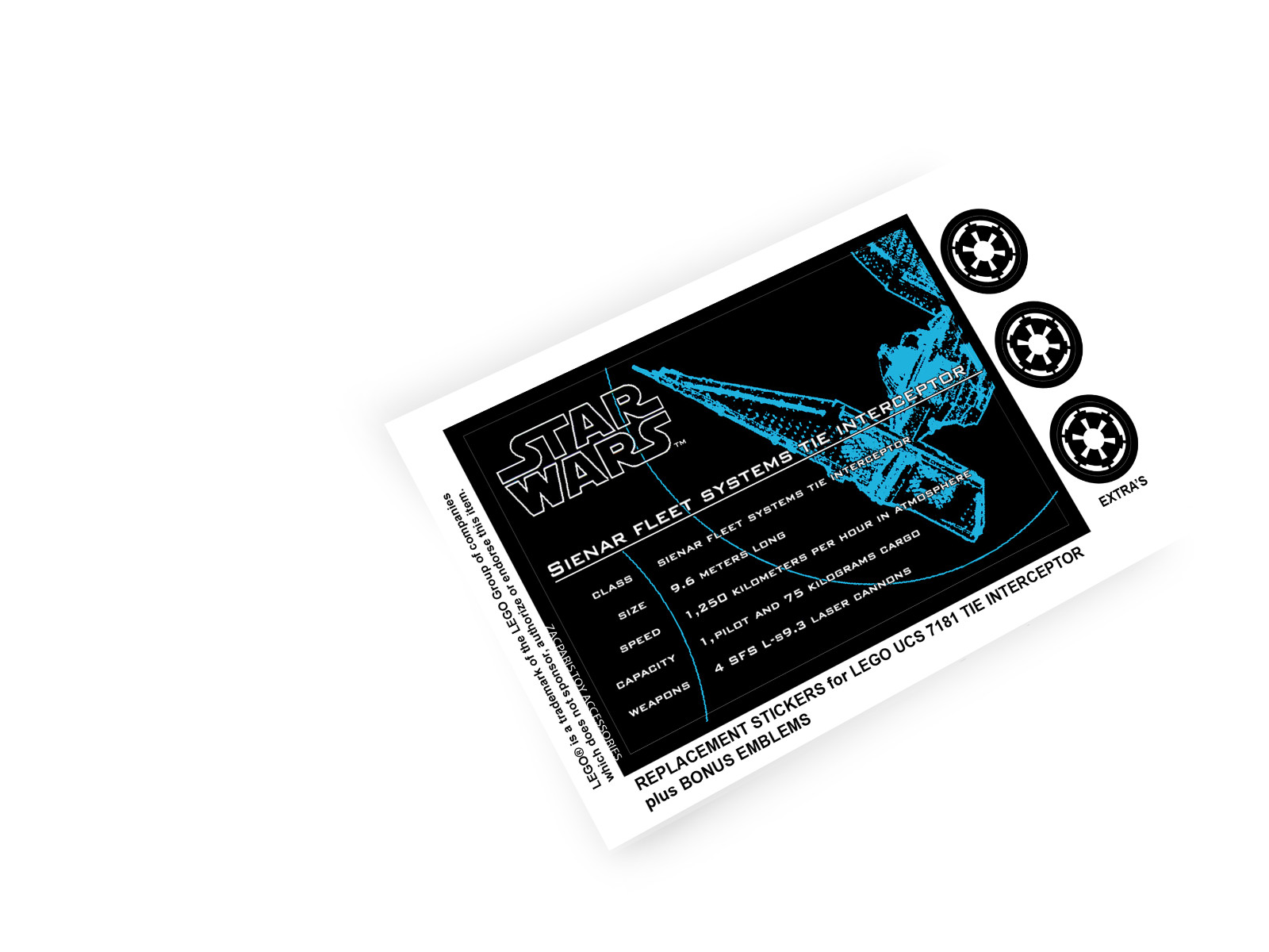 DIE CUT REPLACEMENT STICKERS for UCS Set 7181 TIE INTERCEPTOR ,STAR WARS MODELS