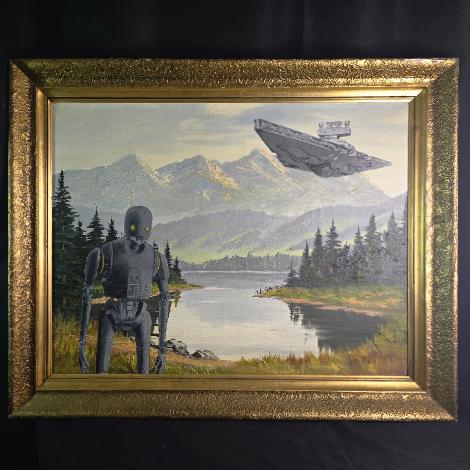 Upcycled Sci-Fi Robot & Spaceship Landscape Painting in Ornate Gold Frame