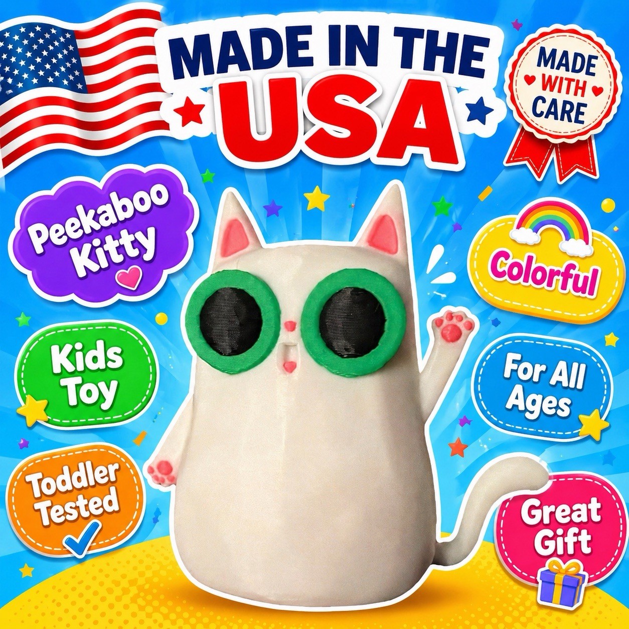 Peekaboo Kitty Kids Toy Fan Art 4” Peek A Boo All Ages USA Made Toddler Tested