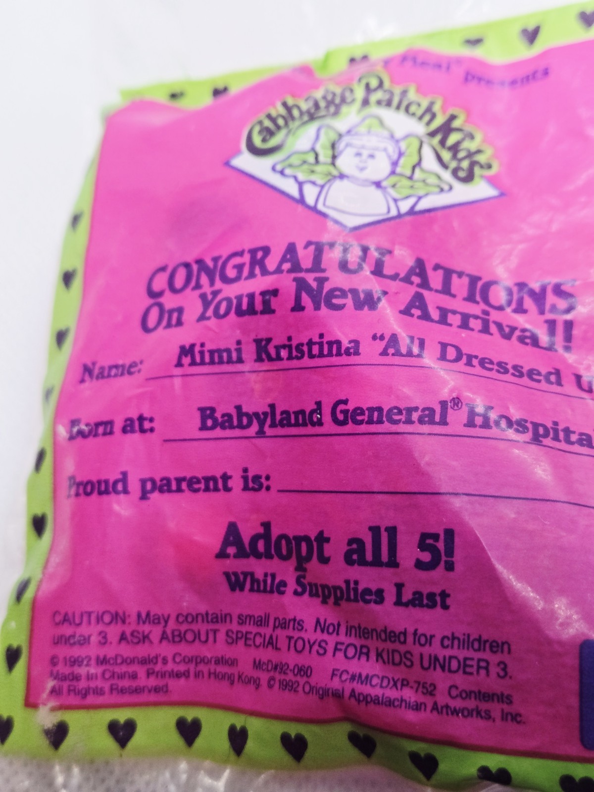 1992 McDonald&rsquo;s Cabbage Patch Kinds NEW MIMI KRISTINA NIP Happy Meal Toy