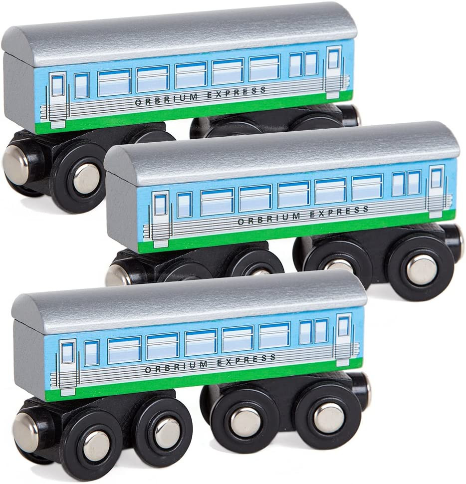 Orbrium 3 Pcs Large Wooden Railway Express Coach Cars, Compatible with Thomas &