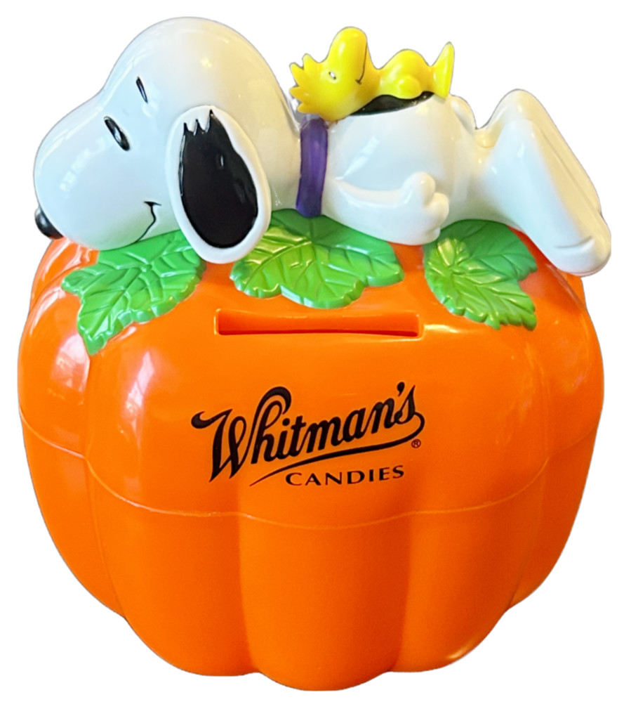 Peanuts — Whitman’s Sampler Plastic Coin Bank w/ Snoopy Figure — Vintage