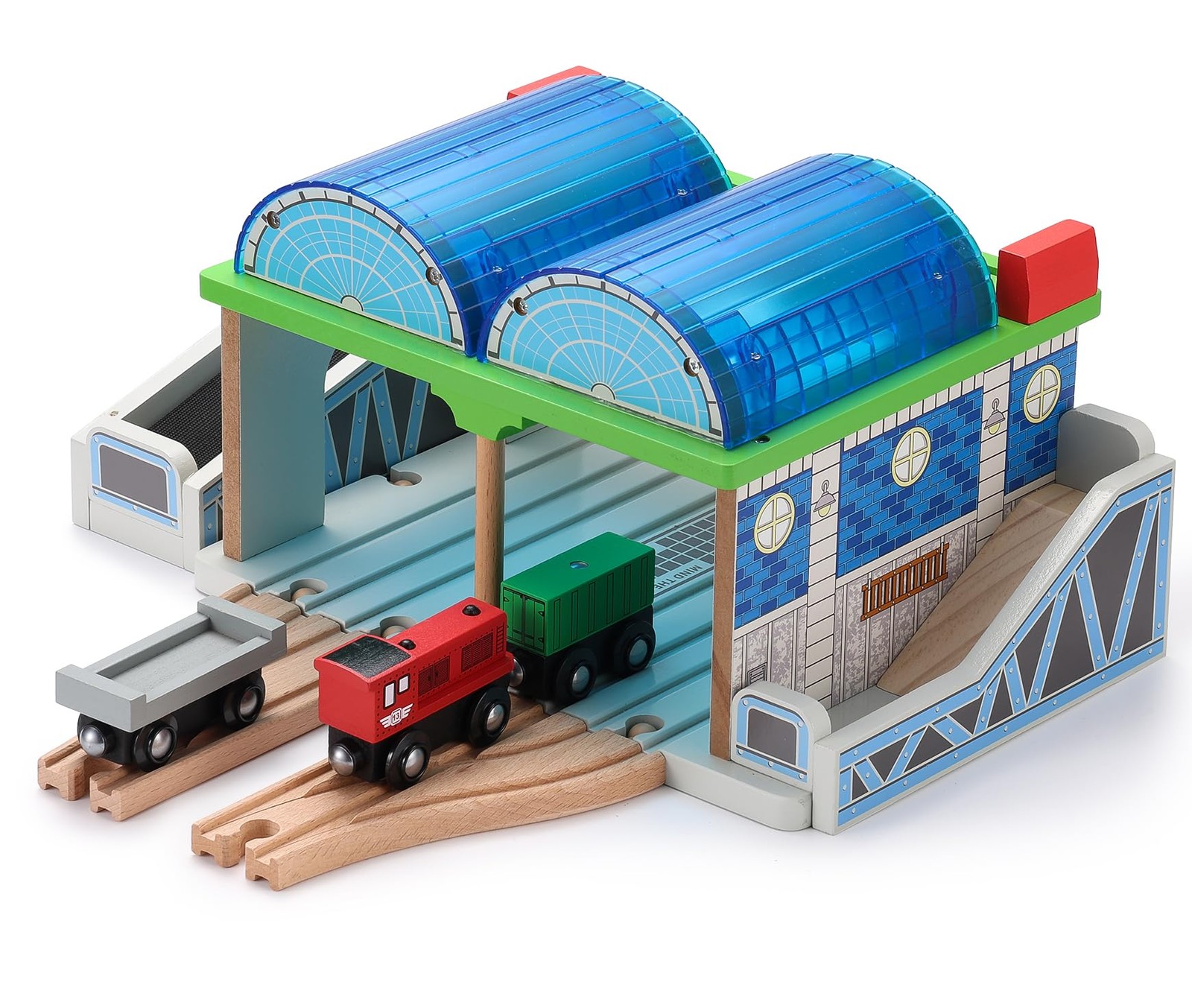Wooden Train Track Accessories – Premium Station with Double-Track Conveyor