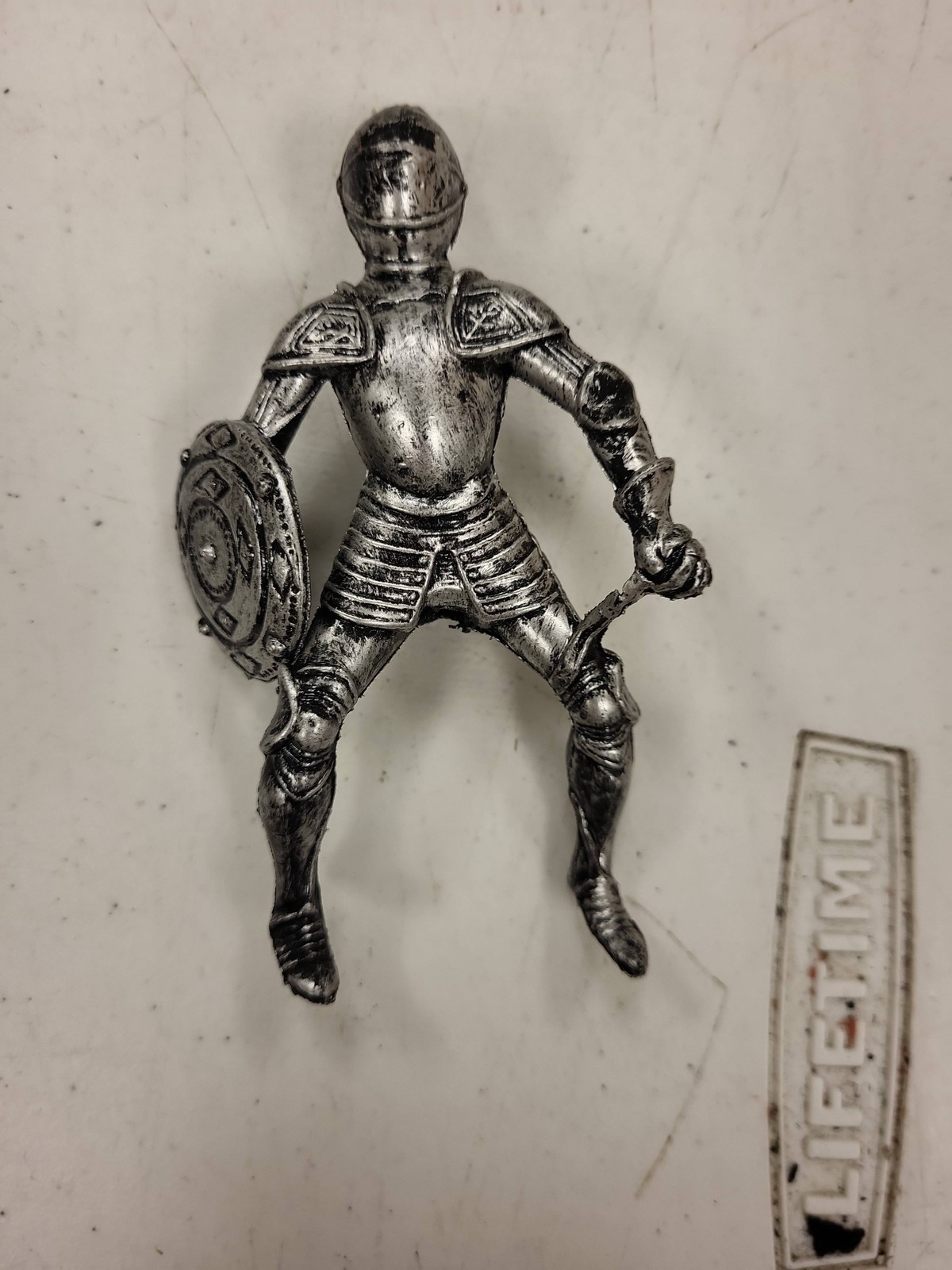 Vintage Silver Knight Action Figure 4&Prime; Shield Sword Medieval Made in Hong Kong