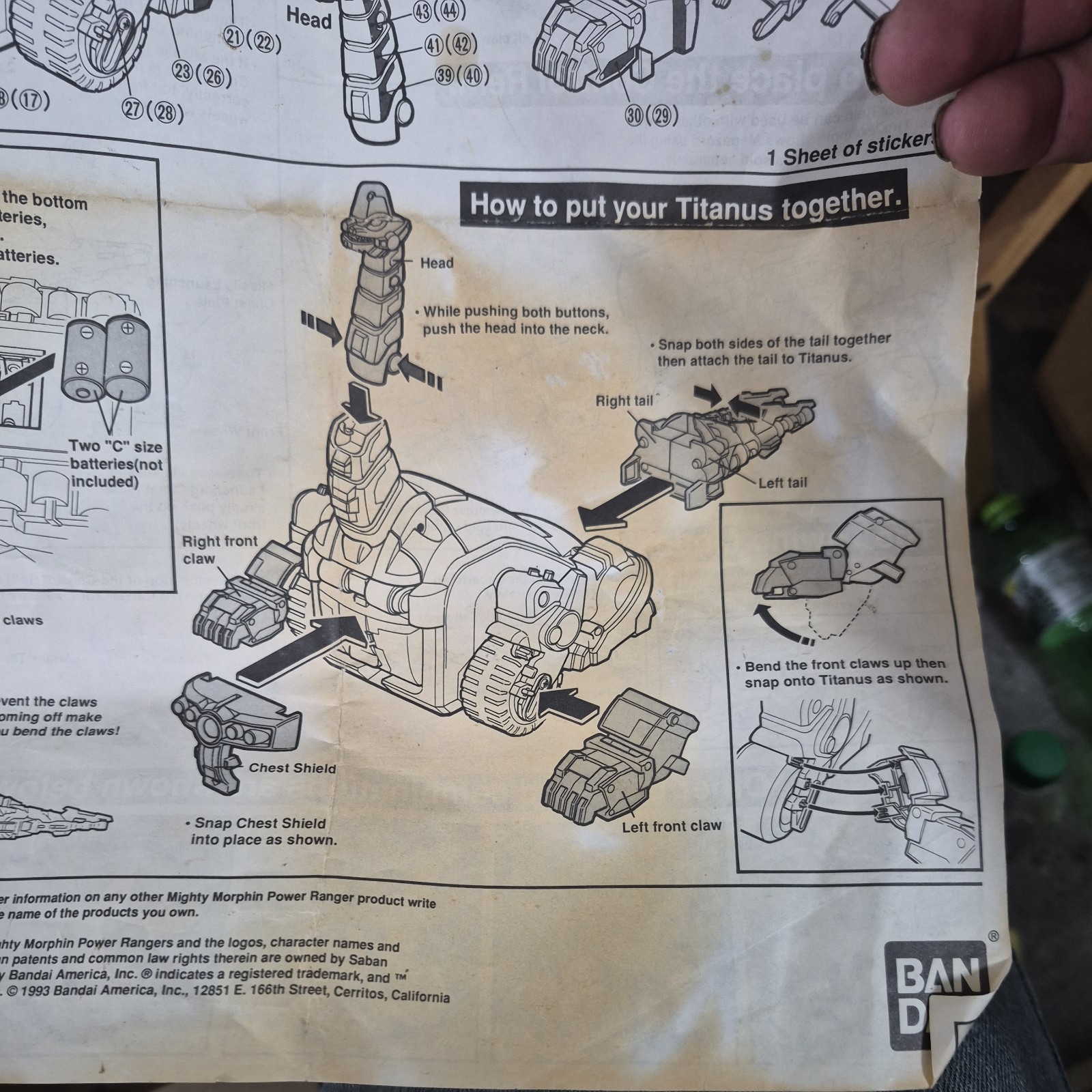 1993 Mighty Morphin Power Rangers Titanus Carrier Zord Instructions Only stained