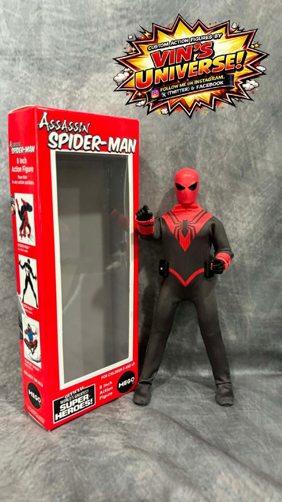 Custom 8&Prime; Mego Scale SpiderMan Assassin Peter Parker Action Figure & Display Box