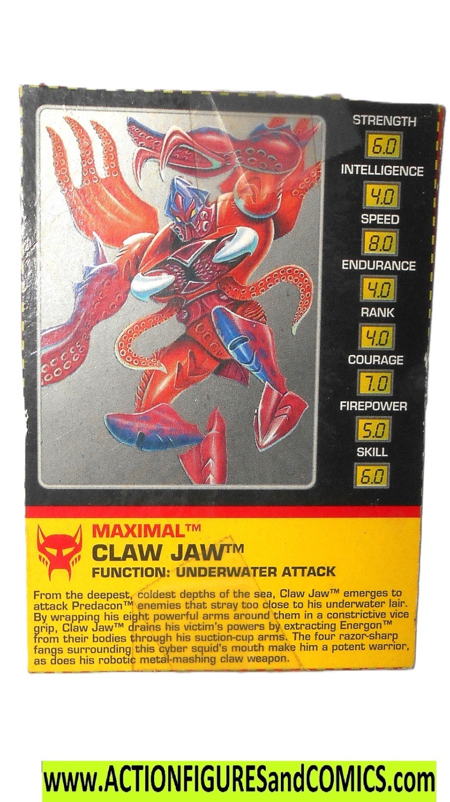 Transformers Beast Wars CLAW JAW 1996 Tech Spec File Card techspecs squid 1997