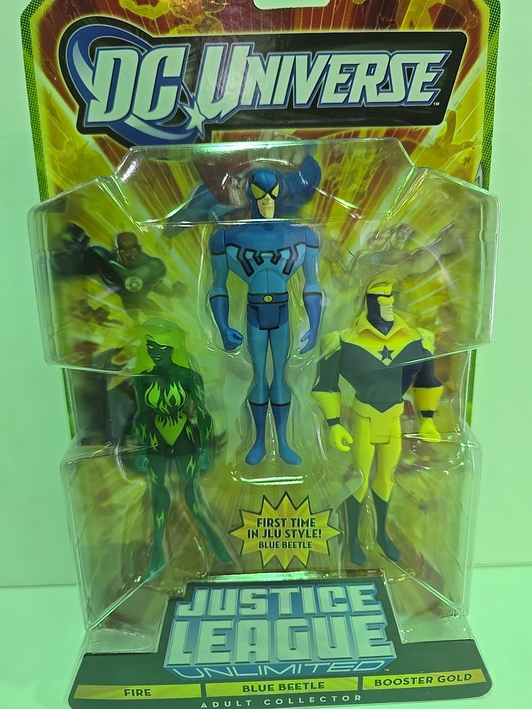 Justice League Unlimited FIRE, BLUE BEETLE, BOOSTER GOLD 3 Pack Figures Clean Bx
