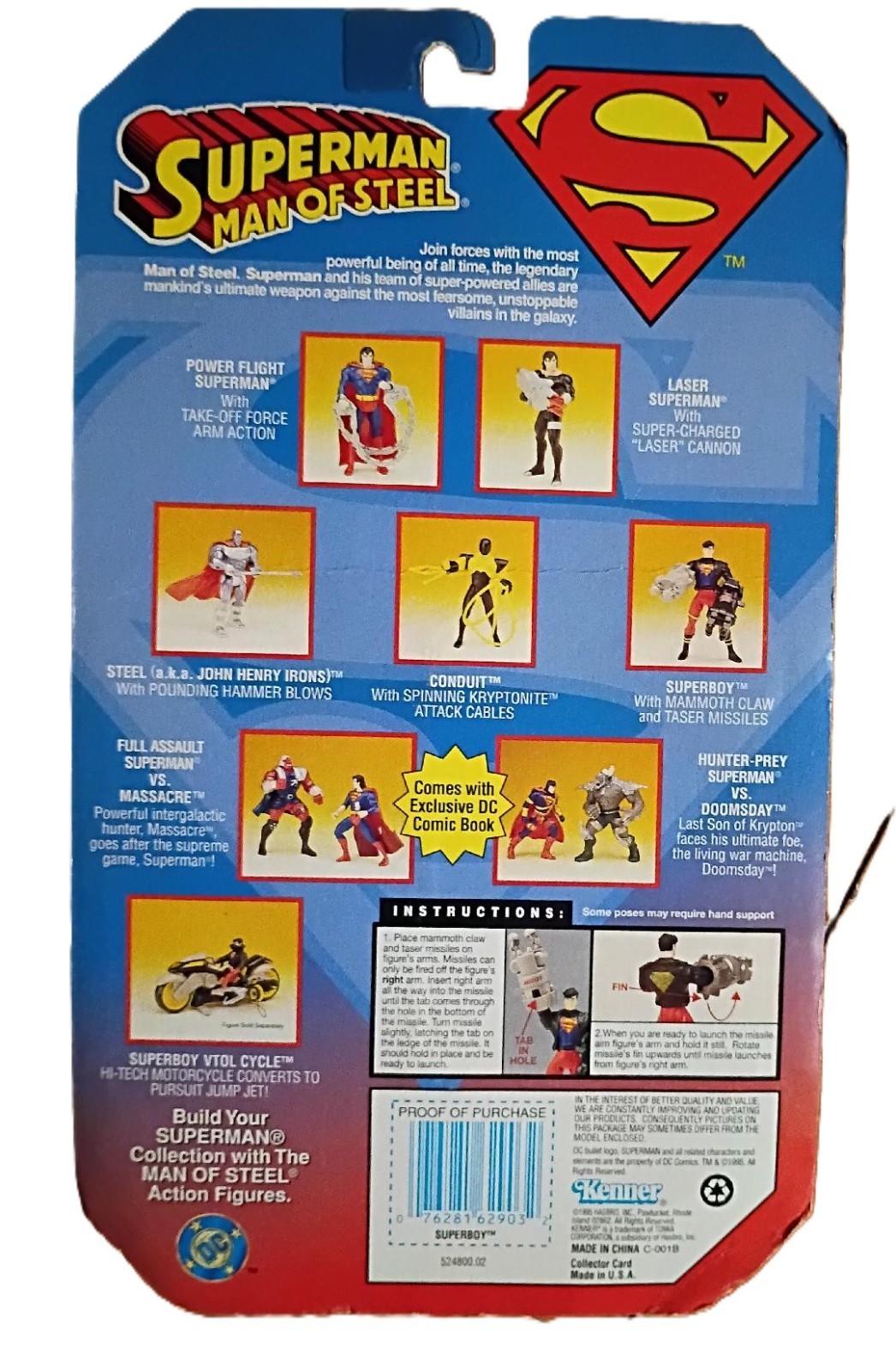 1995 Kenner SUPERBOY w/Mammoth Capture Claw & Taser Missiles NIP