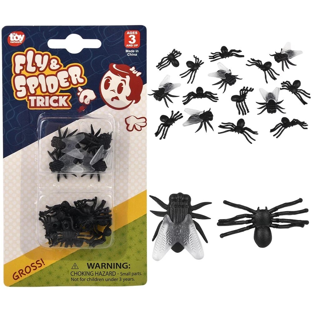 Realistic Looking Fake 5 Flies and 10 Spiders on Blister Card ( Set) Plastic Fly