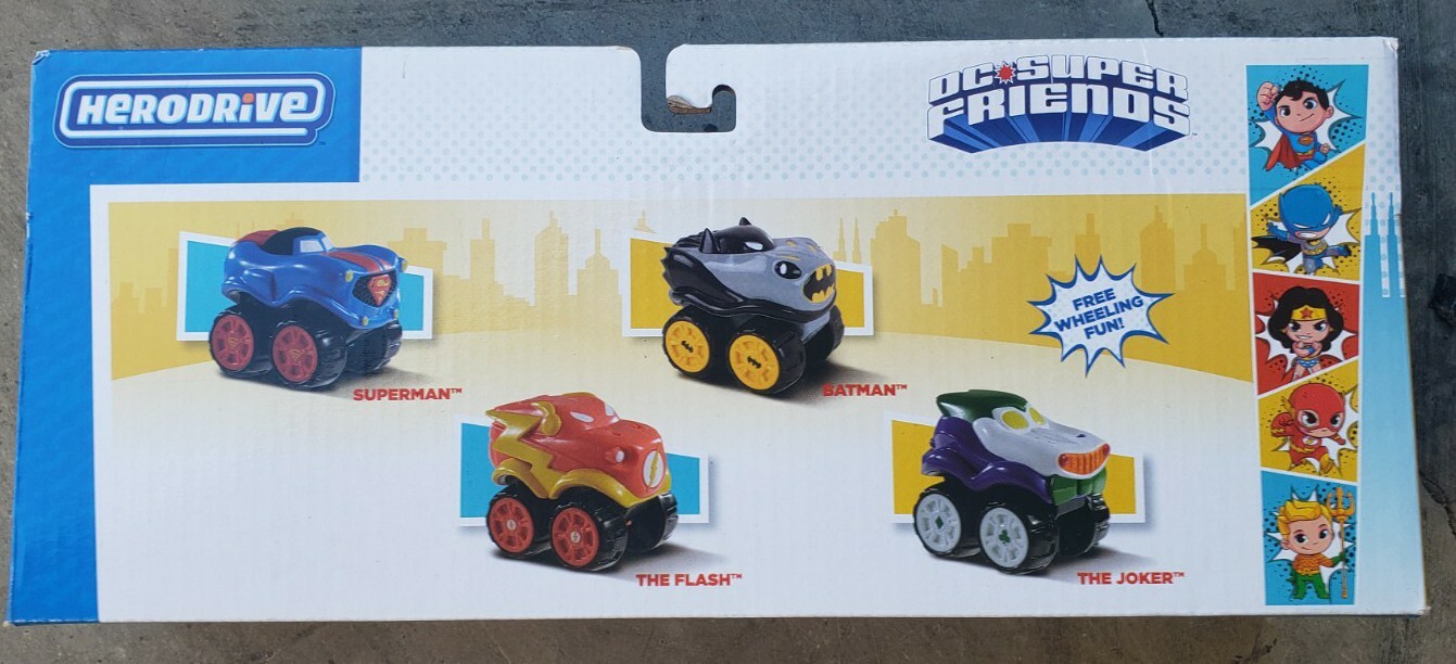 DC Super Friends HeroDrive Speed Squad Mini Cars 4pk Superman Batman Joker Flash