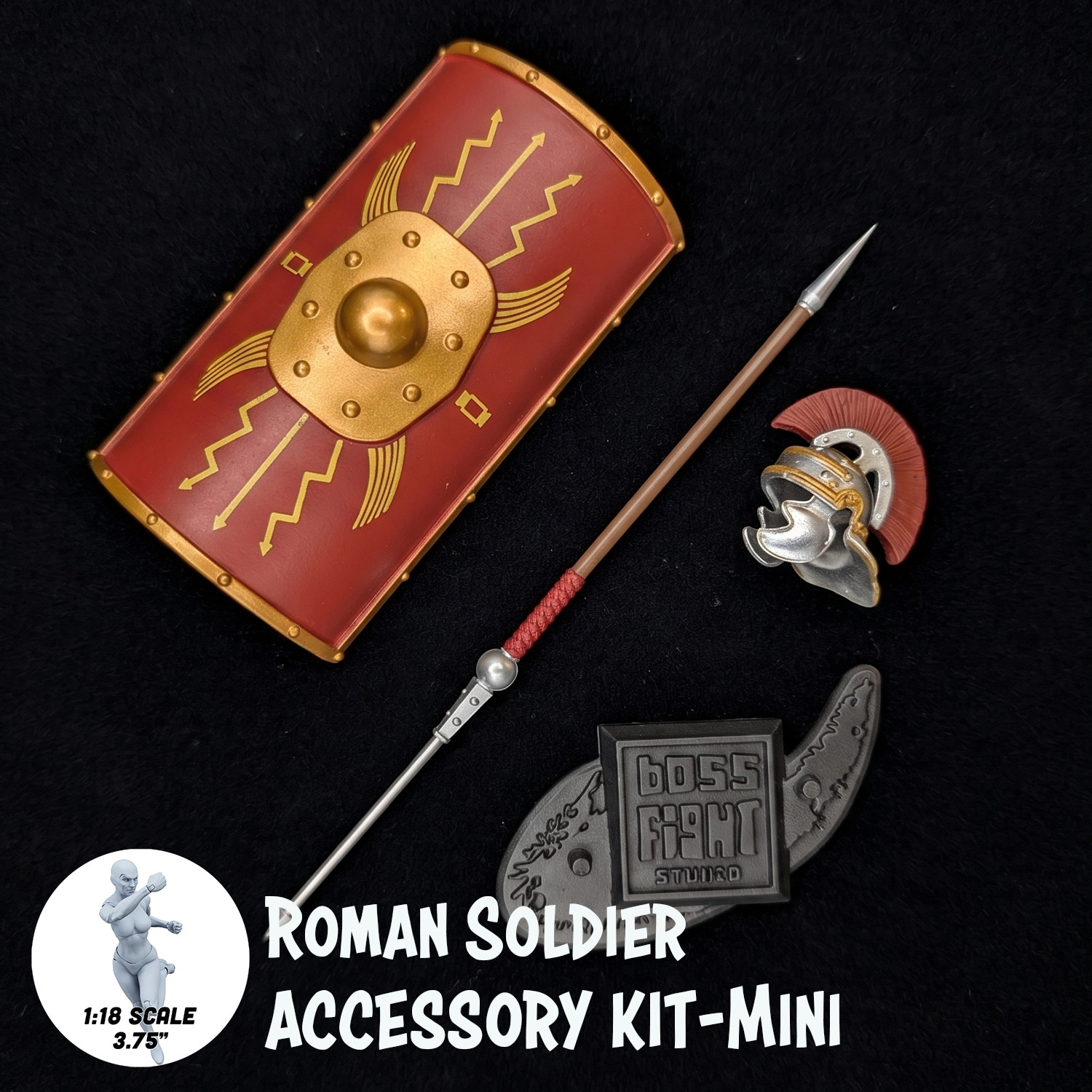 1:18 Scale Roman Soldier Mini Gear Kit (Roman Shield, Sword-Spear Pack for 3.75&Prime;