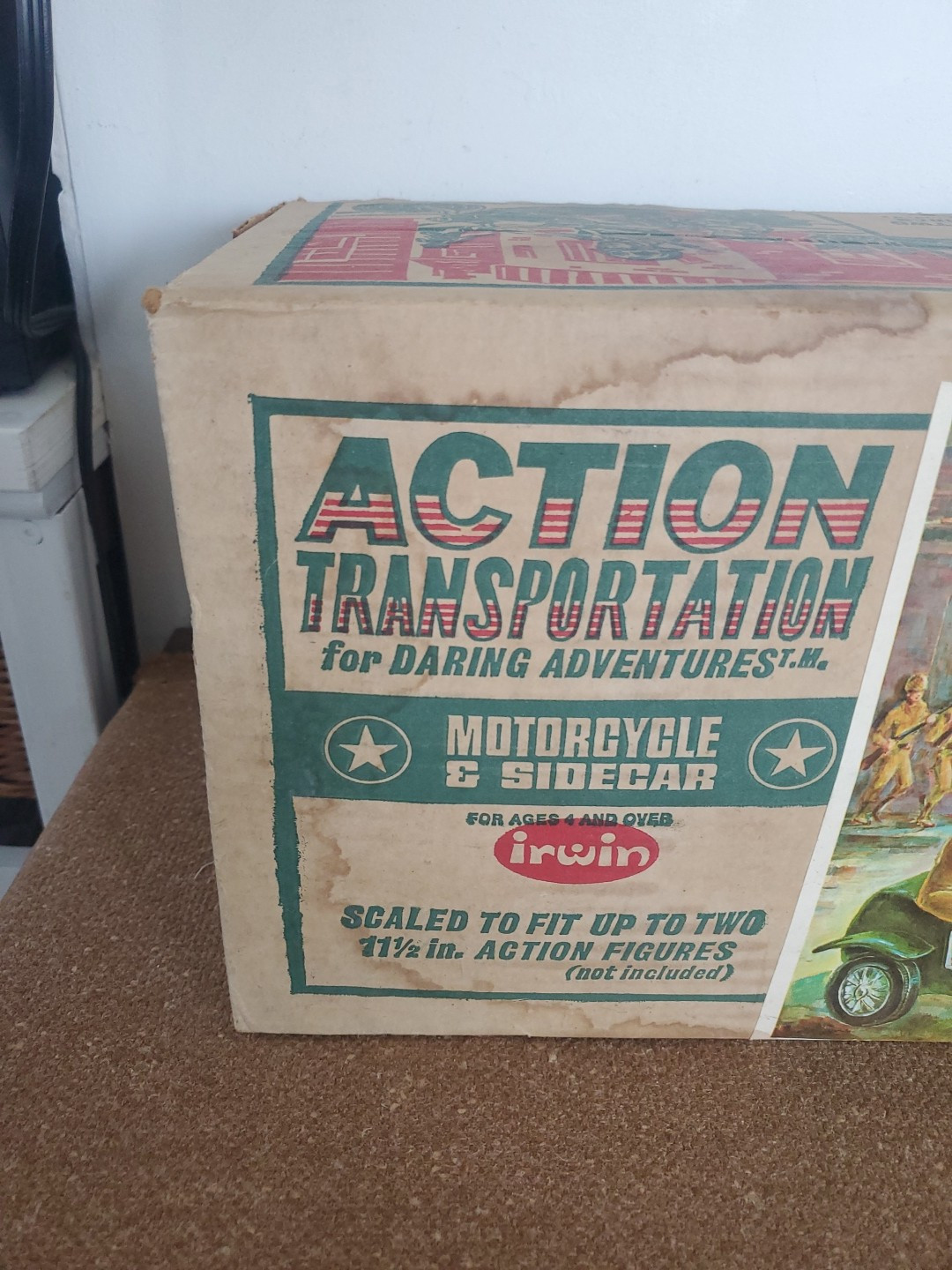 IRWIN ACTION TRANSPORTATION GREEN MOTORCYCLE AND SIDECAR ORIGINAL BOX ONLY