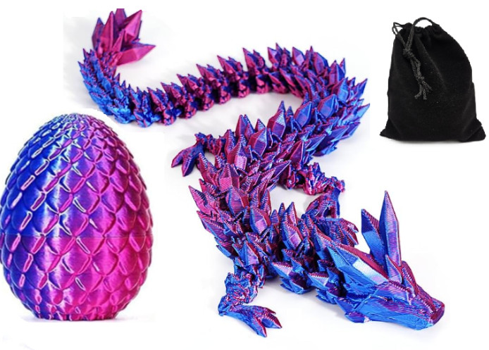 3D Printed Crystal Dragon with Dragon Egg & Velvet Bag, Articulated, 8.5 inches
