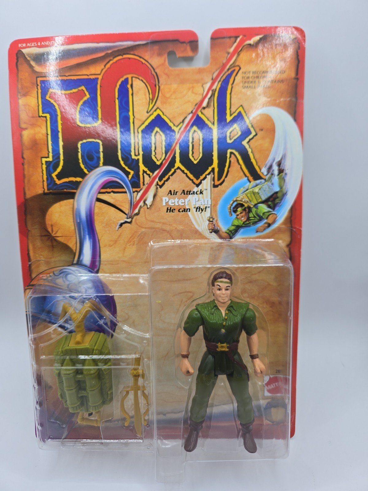 1991 Hook Movie Mattel AIR ATTACK PETER PAN 5&Prime; Action Figure New On Card Graphic