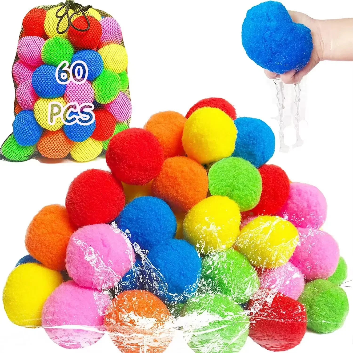12/30/60Pcs Water Soaker Balls Reusable Sponge Water Balloons Cotton Splash Toys