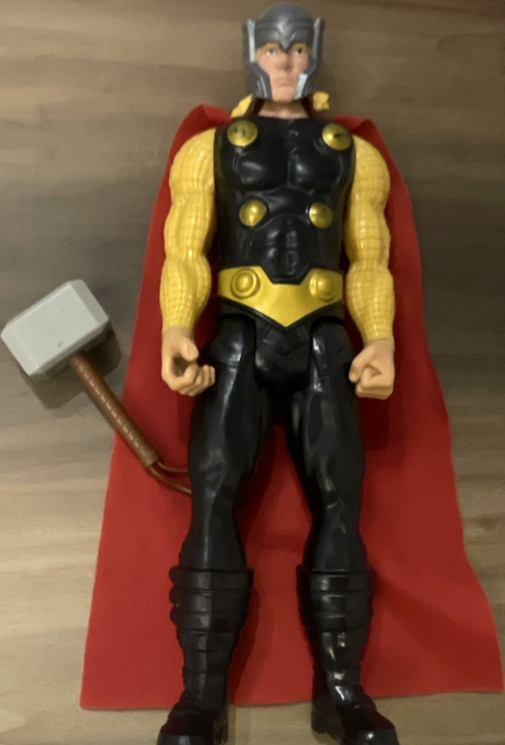 Thor Black Red Gold Yellow Plastic Action Figure w/ Hammer & Red Cape