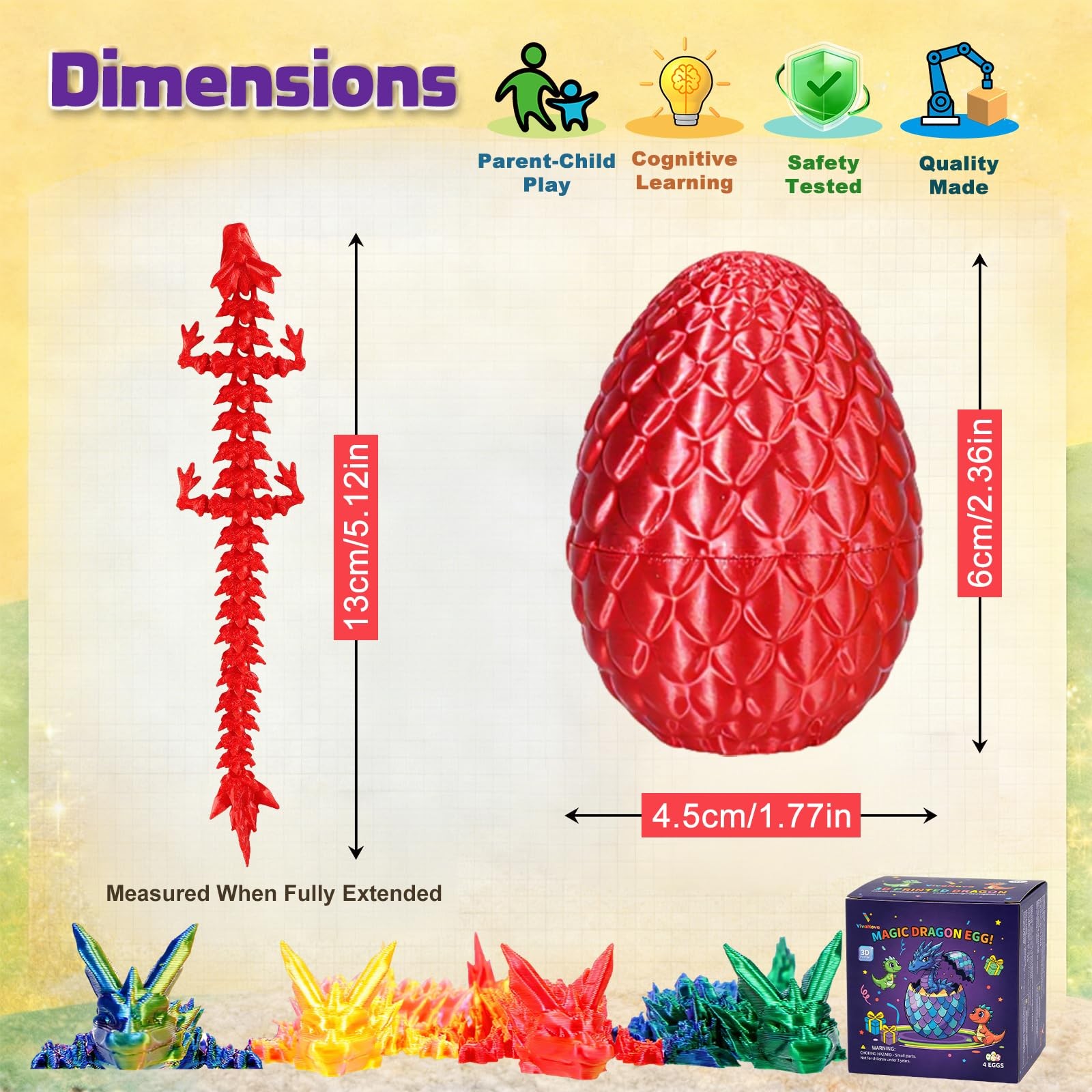 VivaNova 4 Pack 3D Printed Dragon Eggs, Surprise Eggs with Articulated Mini D…