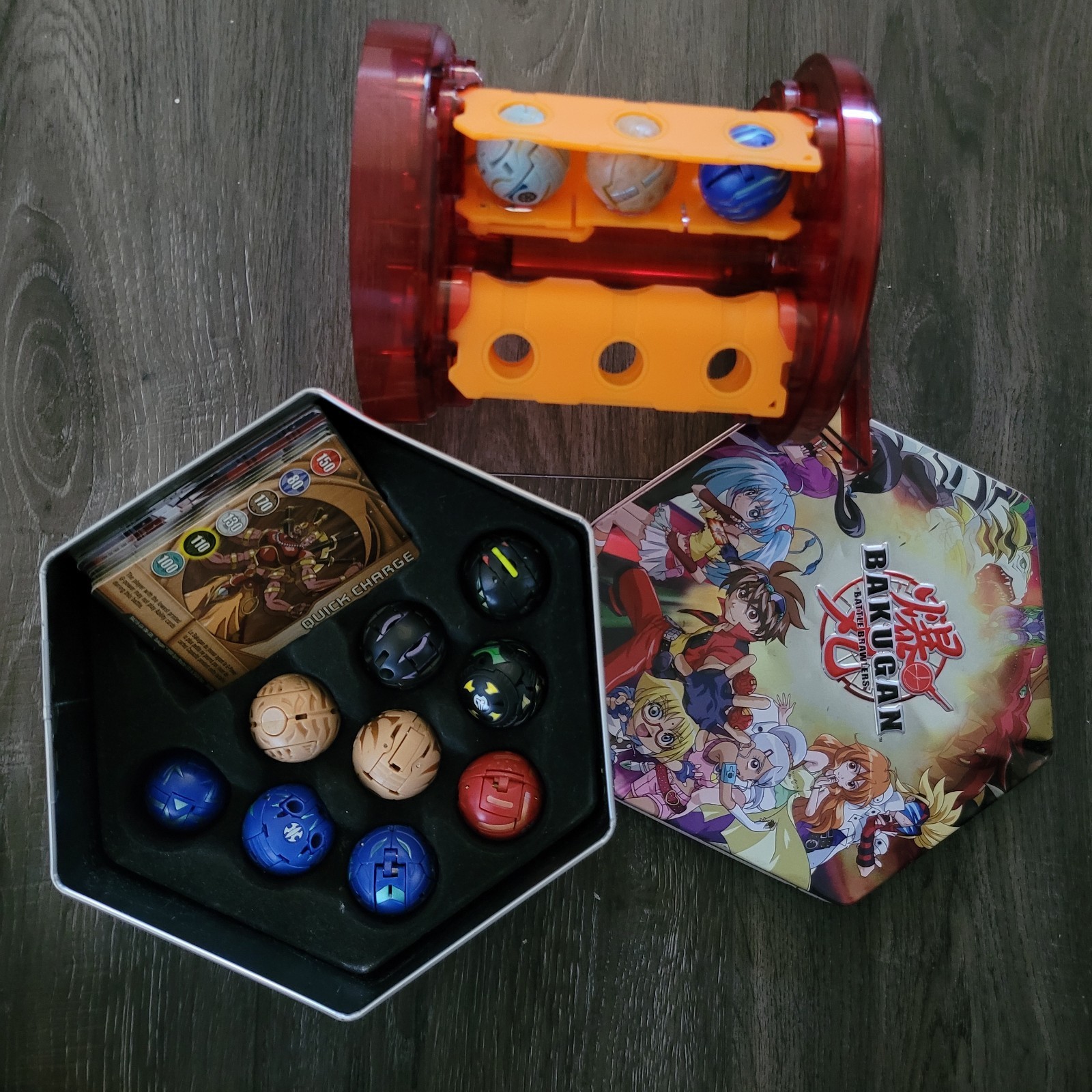 Bakugan Battle Brawlers Lot Of 12 W/ Hexagon Tin & 24 Cards 2008+ Vintage