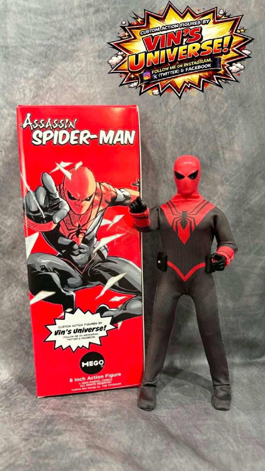 Custom 8&Prime; Mego Scale SpiderMan Assassin Peter Parker Action Figure & Display Box