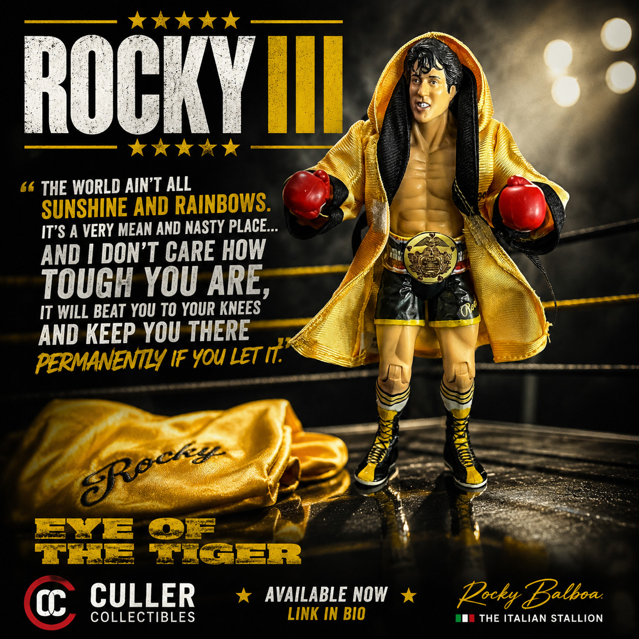 ROCKY • GOLD & BLACK ROBE & WBC BELT • CLUBBER FIGHT • ROCKY III JAKKS FIGURE