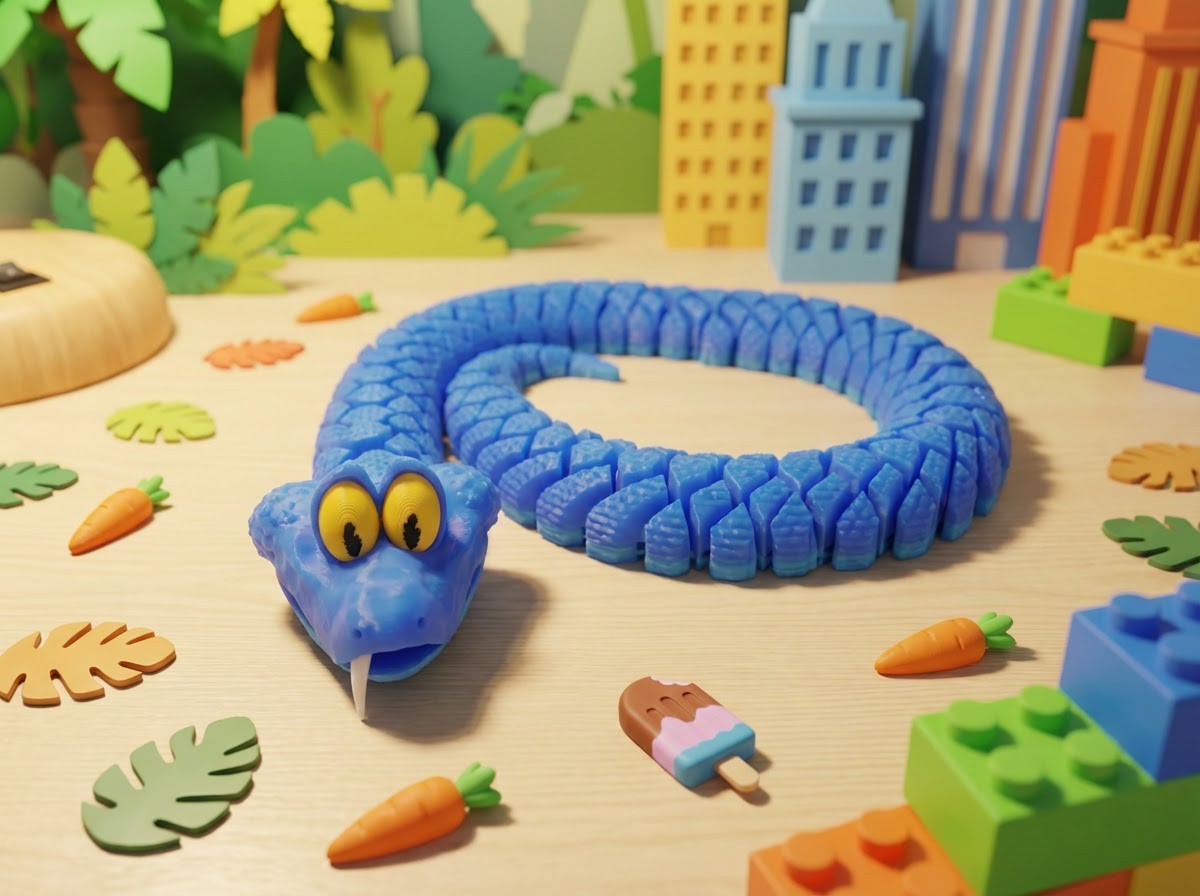 Large Articulated Snake Fidget Toy Figure – 22.5 Inch 3D Printed Blue Desk Pet