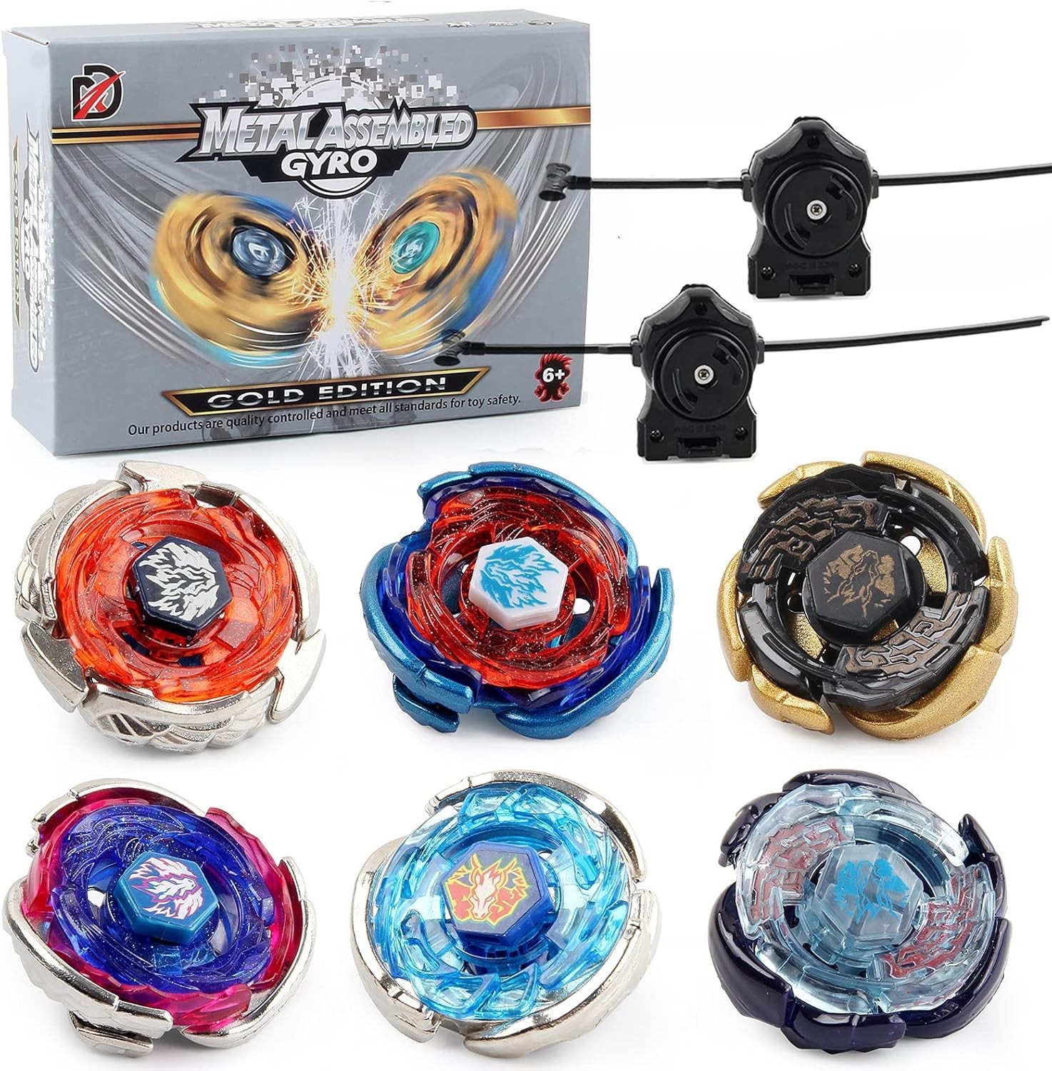 Durable Battling Tops – 6-Piece Set with 2 Launchers & Fantasy Stickers for Kids