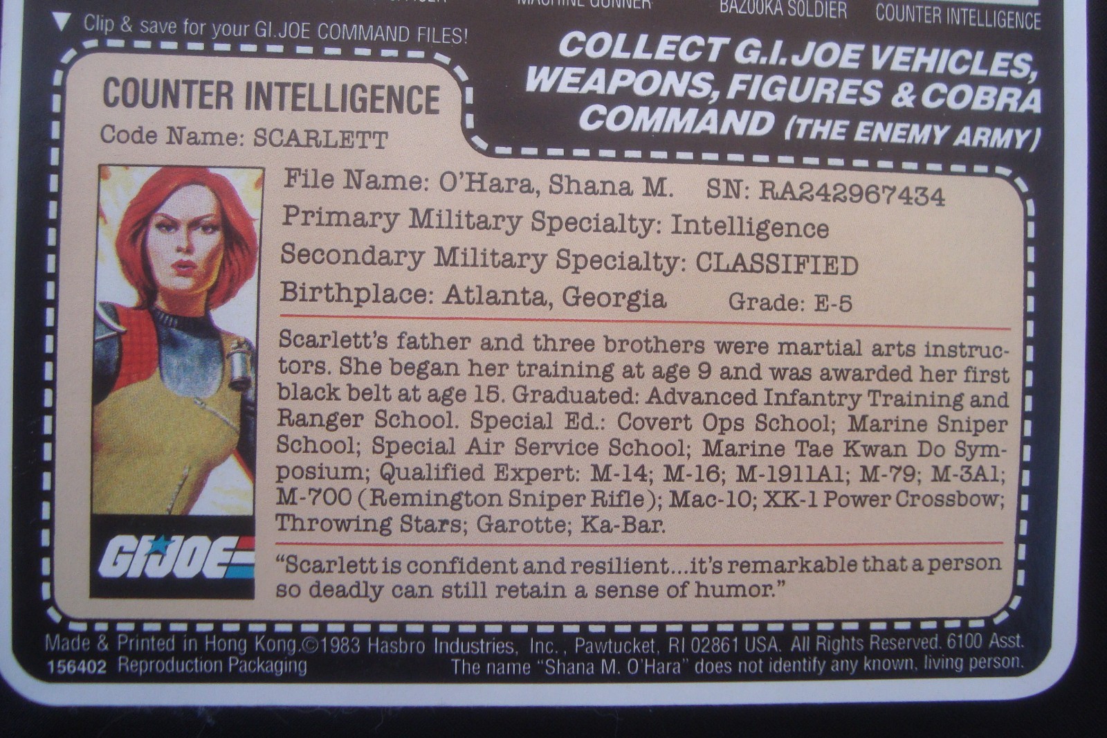 1983 GI Joe Scarlett 100% Complete ReCarded On UnPunched Repro Card