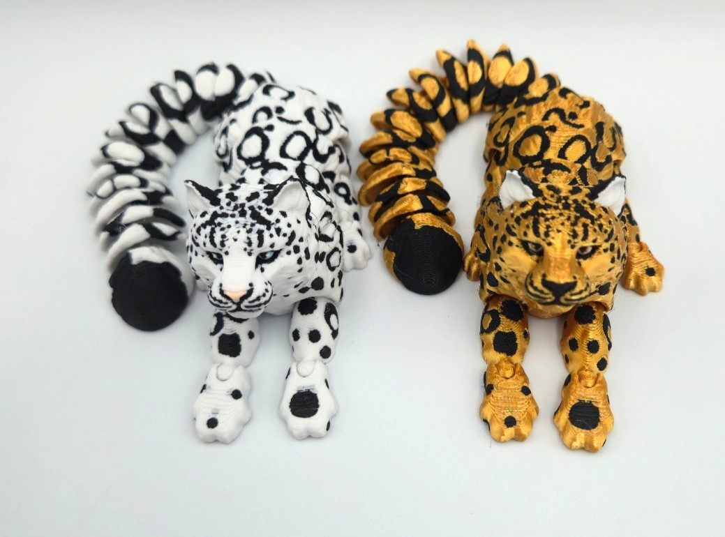 2pcs – 3D Printed Animal Snow Leopard 8.3 inches, Flexible, Gold & White