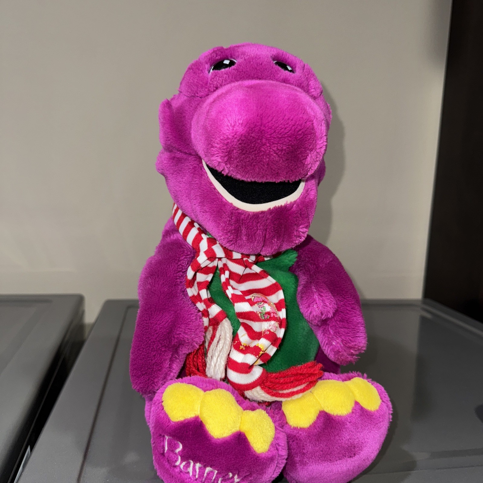 Vintage 1992 Christmas Barney Plush Stuffed Toy Holiday Scarf Purple Dinosaur