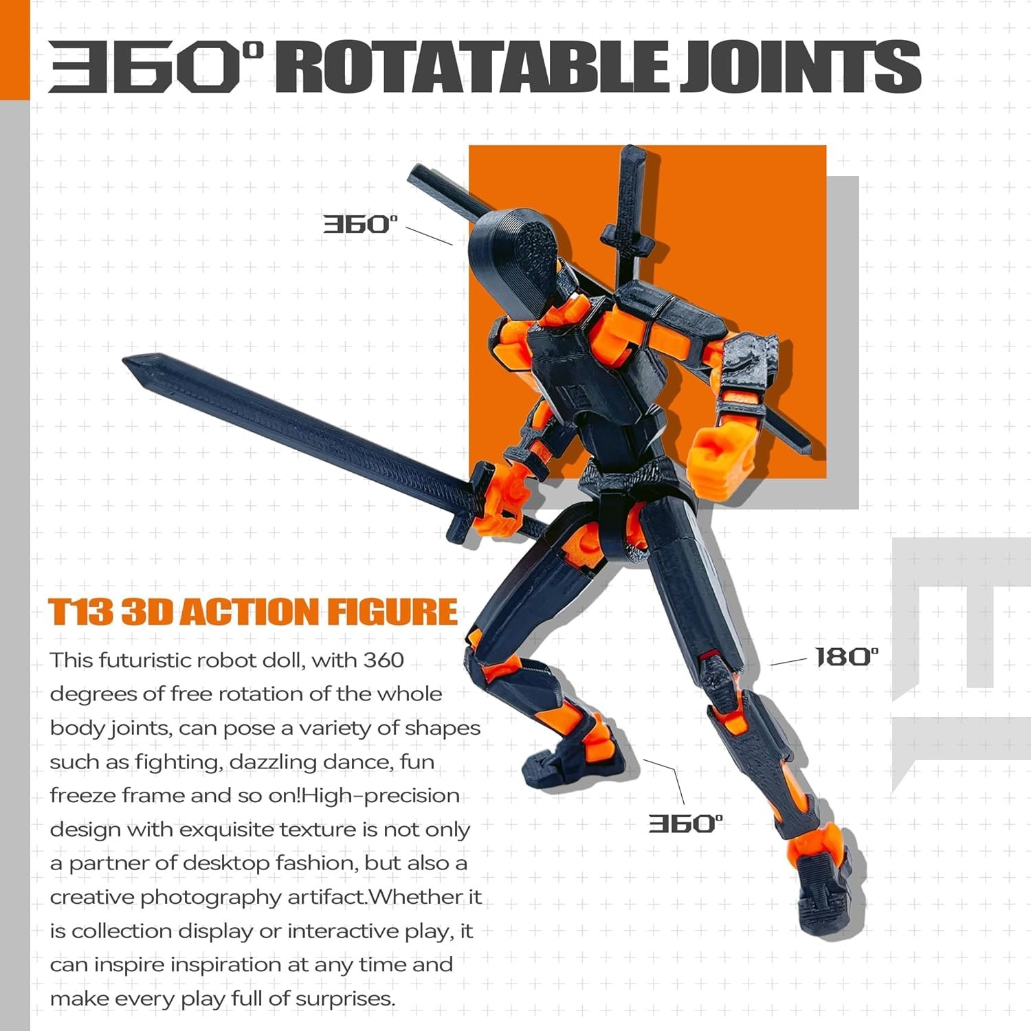 Action Figure Set 3D Printed Poseable Toy Miniature Collectible Black Orange