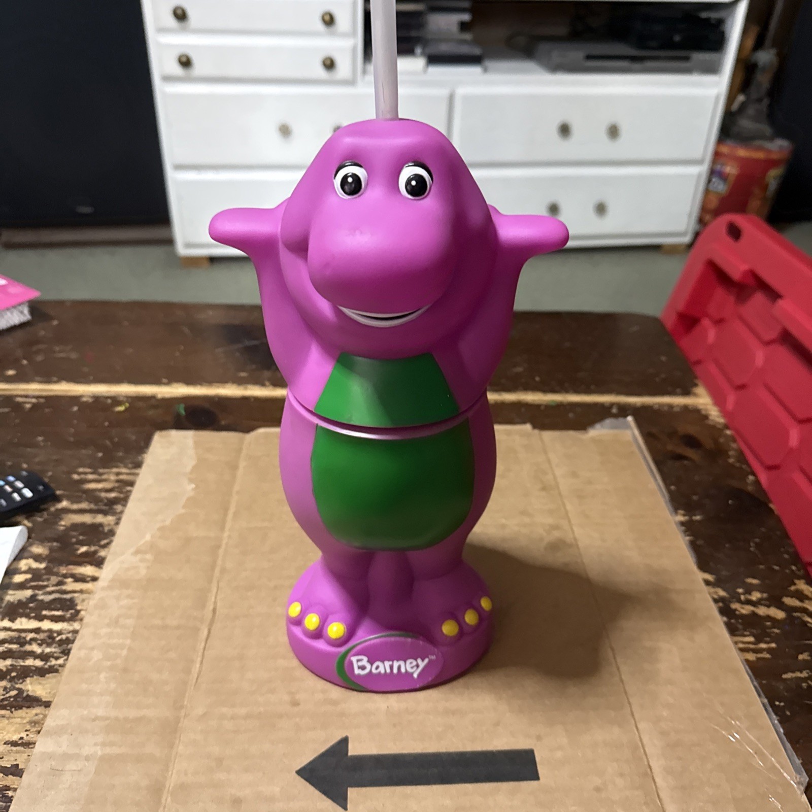 Barney Purple Dinosaur Drink Cup Bottle 12” Straw Hole Lyons Universal VTG