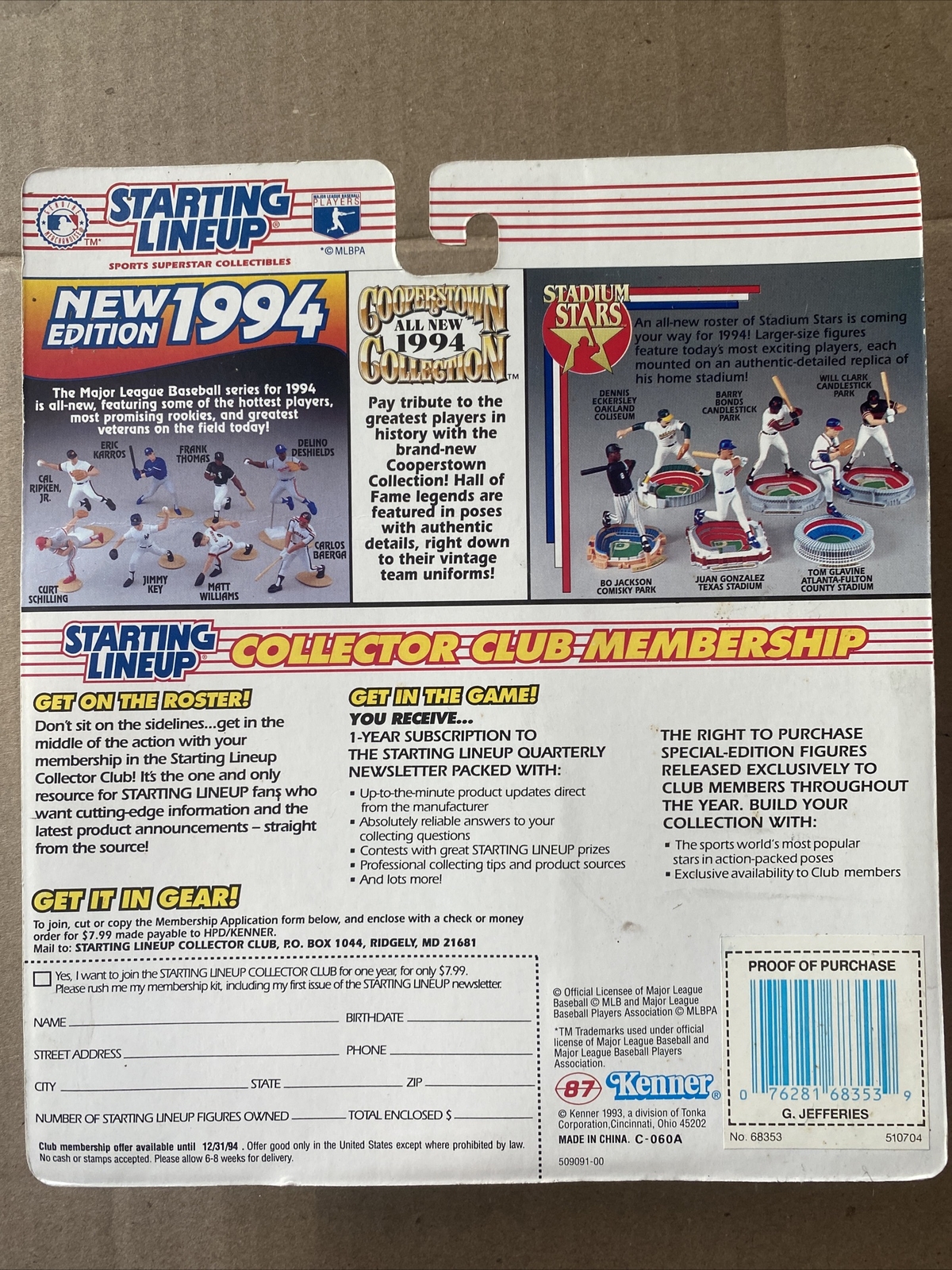 1994 Starting Lineup GREGG JEFFERIES Baseball Figure Card St Louis Cardinals SLU